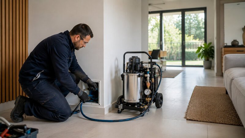 Intervenção de reabilitação de tubagens sem obras numa habitação residencial moderna.