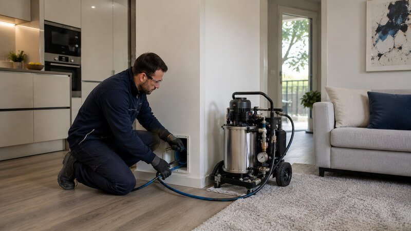 Intervenção de reabilitação de tubagens realizada sem demolições numa habitação residencial.