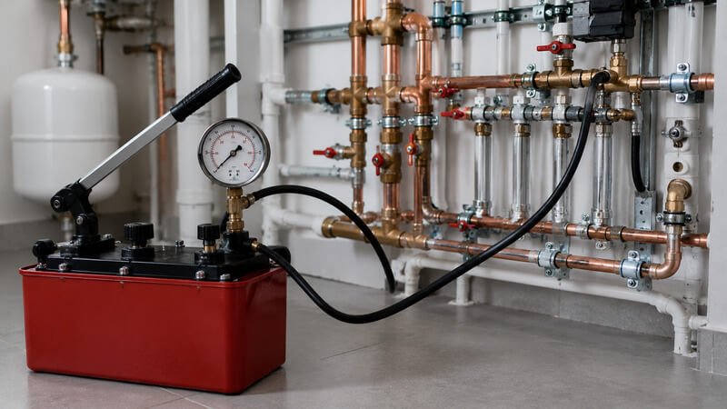 Equipamento utilizado para realizar um teste de pressão numa instalação hidráulica.