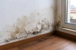 Parede interior com manchas de humidade, tinta descascada e bolor, indicando que a infiltração continua ativa.