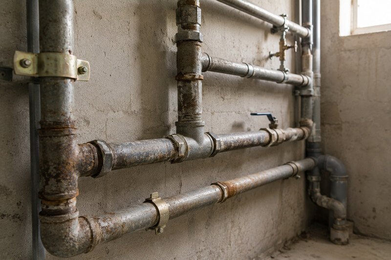 Canalização metálica antiga com sinais de desgaste, mas estruturalmente preservada, numa zona técnica de um edifício.