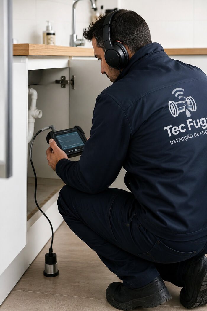Técnico realiza diagnóstico de fuga de água com equipamento eletrónico de deteção numa cozinha, utilizando tecnologia não destrutiva.