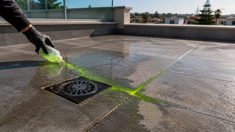 Aplicação de traçador químico durante um ensaio para localizar infiltrações num terraço.