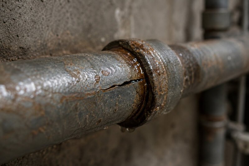 Detalhe de uma tubagem metálica com uma pequena fissura e sinais de corrosão localizada.