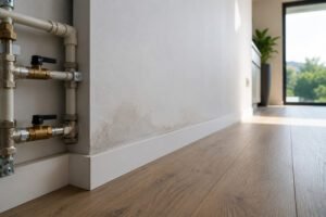 Canalização de uma casa remodelada com sinais de fuga de água junto a uma parede recentemente renovada.