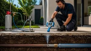 Técnico a utilizar equipamento de gás traçador para localizar uma fuga de água oculta