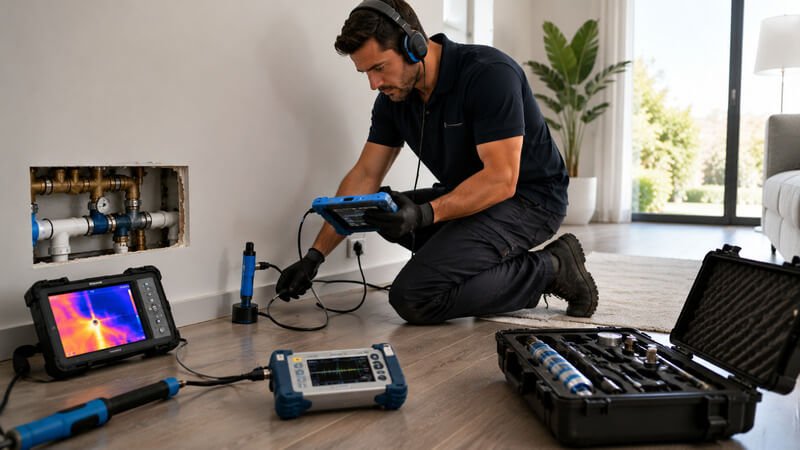 Técnico a utilizar equipamentos especializados para localizar uma fuga de água após confirmar uma perda de pressão.
