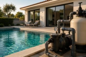 Sistema de filtração e bomba de piscina residencial utilizados na deteção de fugas de água.