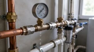 Instalação hidráulica com pressão elevada e pequena fuga numa ligação da tubagem.