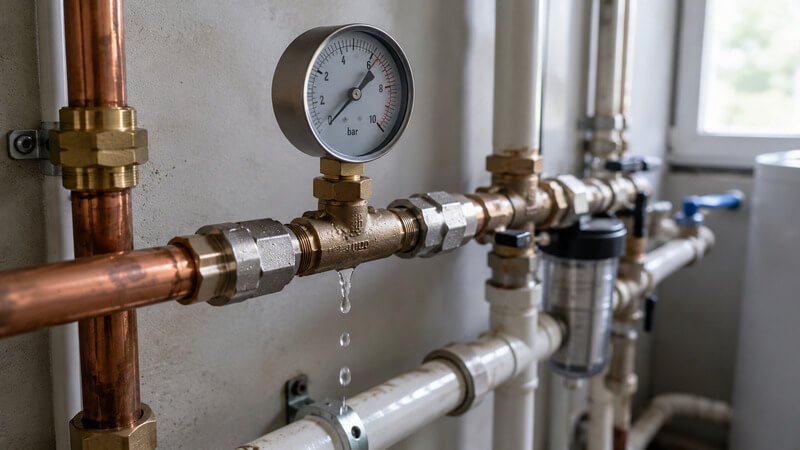 Instalação hidráulica com pressão elevada e pequena fuga numa ligação da tubagem.