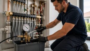 Técnico a realizar um teste de pressão para verificar a existência de uma fuga de água numa instalação hidráulica.
