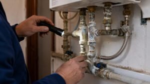 Técnico a inspecionar tubagens e ligações de água com sinais de acumulação de calcário numa instalação doméstica.