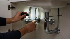 Verificação preventiva das ligações, flexíveis e tubagens de um lavatório para identificar sinais de fuga ou desgaste.