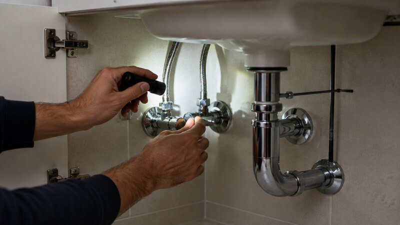 Verificação preventiva das ligações, flexíveis e tubagens de um lavatório para identificar sinais de fuga ou desgaste.