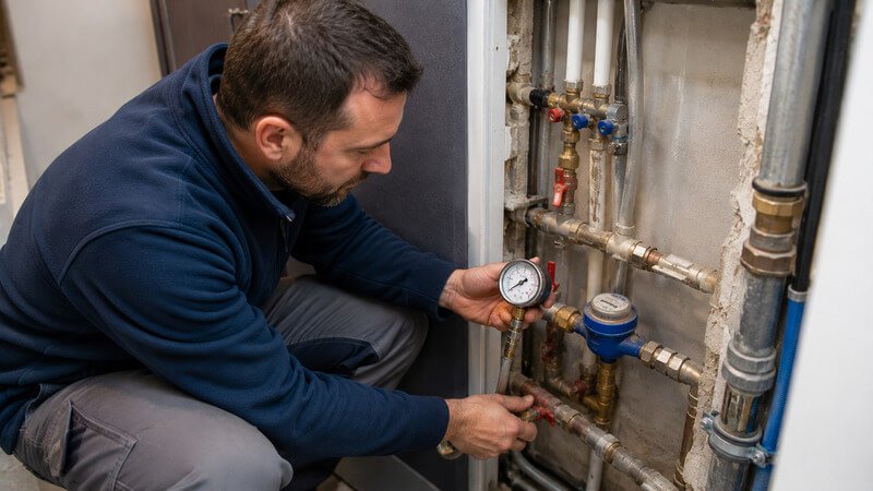Canalizador a medir a pressão da água numa instalação residencial com manómetro profissional.