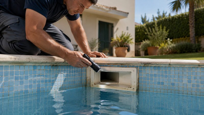 Técnico a inspecionar o skimmer de uma piscina para identificar uma possível fuga de água junto à vedação e ao componente.