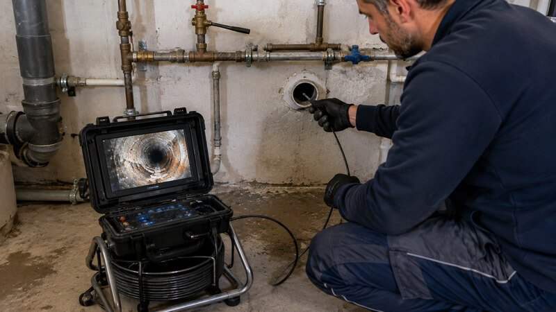 Técnico a realizar uma inspeção por vídeo no interior de uma tubagem para avaliar o seu estado antes de escolher a solução de reabilitação.