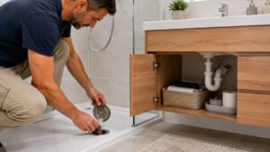 Manutenção preventiva de um ralo e de um sifão acessível numa casa de banho, com remoção de resíduos visíveis.