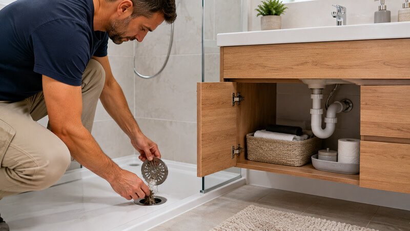 Manutenção preventiva de um ralo e de um sifão acessível numa casa de banho, com remoção de resíduos visíveis.