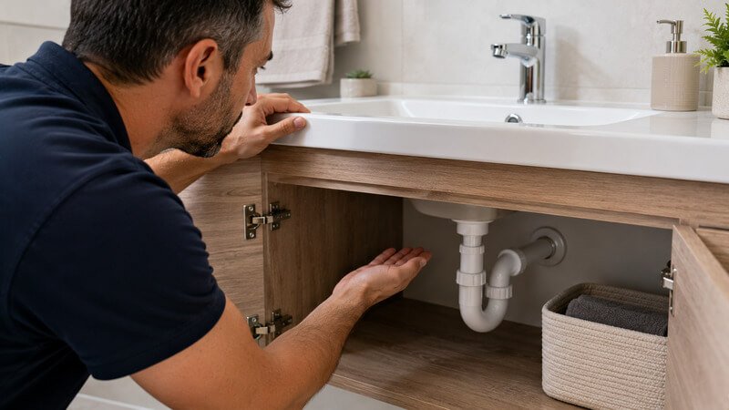 Pessoa verifica o sifão sob um lavatório limpo para investigar a origem de um mau odor persistente no ralo.
