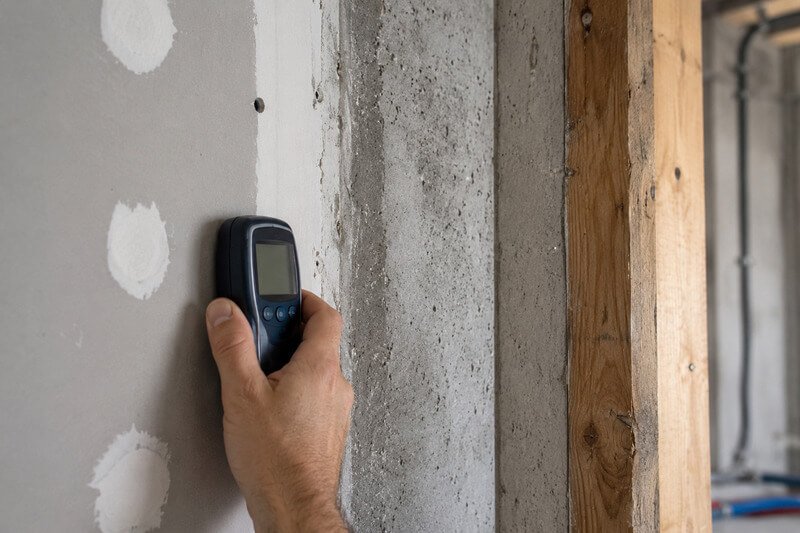 Medidor de humidade digital utilizado para analisar uma parede em pladur junto a uma estrutura de betão e madeira.
