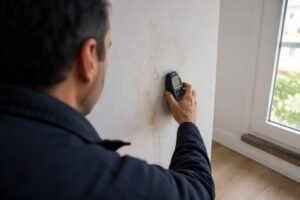 Técnico a utilizar um medidor de humidade digital numa parede interior para avaliar a presença de água nos materiais.