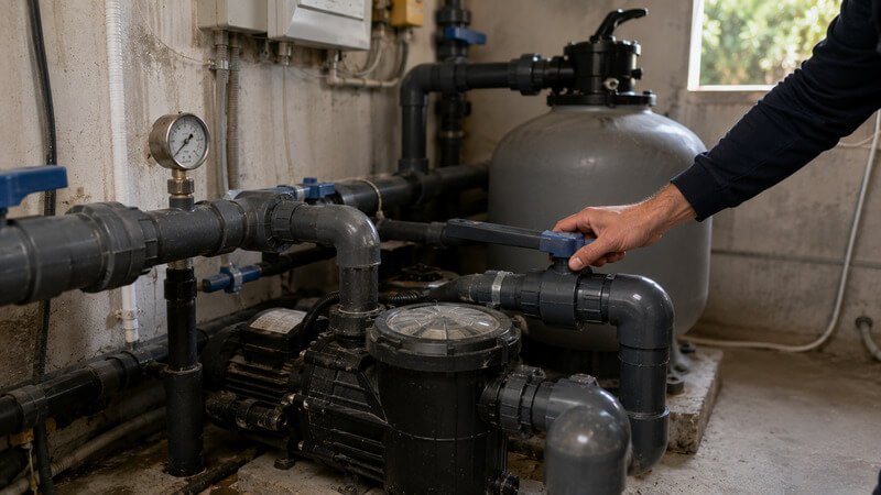 Sistema de filtração e bomba de uma piscina residencial durante a verificação do circuito hidráulico para investigar uma possível perda de água.