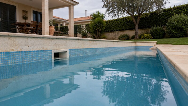 Piscina residencial com o nível da água abaixo da abertura do skimmer, ilustrando uma possível pista para localizar uma fuga.