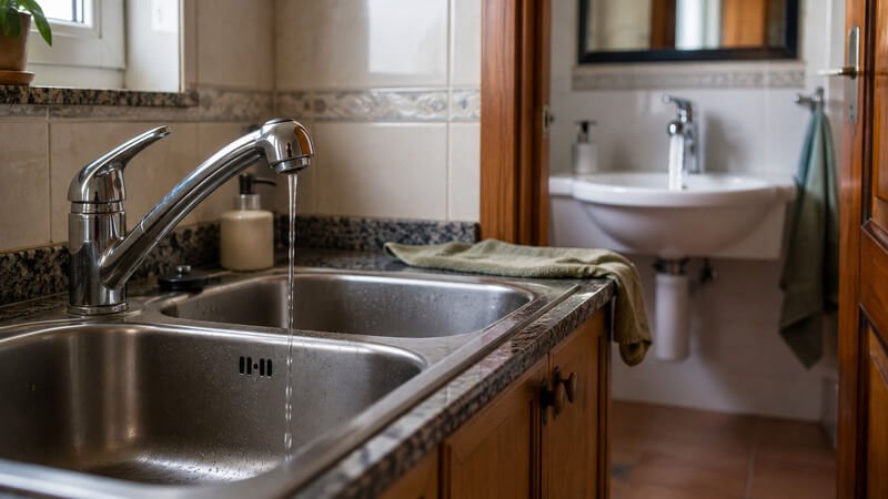 Torneira de cozinha com caudal reduzido enquanto outra torneira apresenta fluxo normal, ajudando a distinguir um problema localizado de um problema geral de pressão.