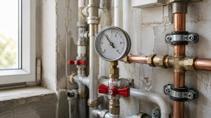 Manómetro instalado numa rede hidráulica residencial para verificar a pressão da água numa habitação.