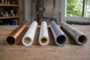 Diferentes tipos de tubagens utilizadas em instalações hidráulicas residenciais, incluindo cobre, PEX, multicamada, PVC e ferro galvanizado.