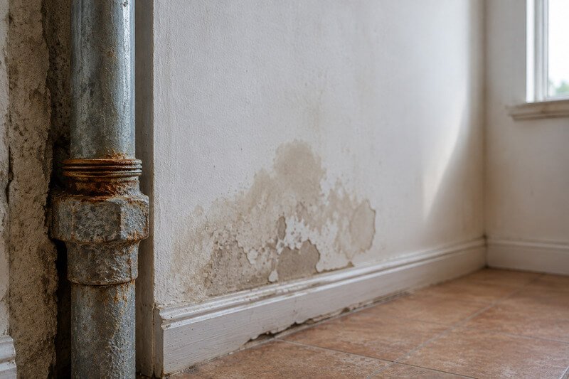 Parede interior com manchas de humidade junto a uma tubagem antiga corroída, indicando possíveis sinais de desgaste da canalização.