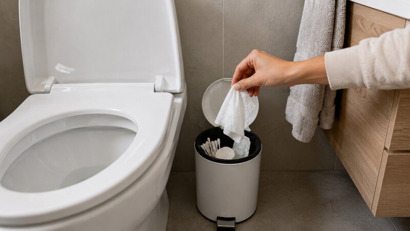 Toalhitas e outros resíduos colocados junto a uma sanita para ilustrar materiais que não devem ser eliminados pela rede de esgoto.
