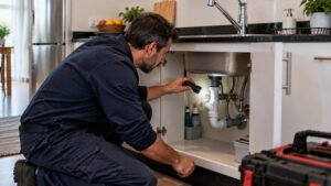 Técnico a investigar a causa de canos entupidos frequentemente numa canalização doméstica.