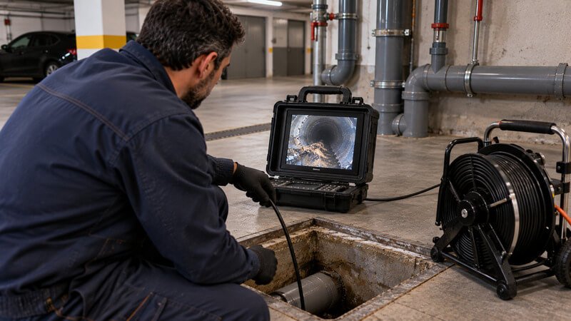 Técnico a investigar uma possível obstrução profunda na rede de drenagem após retorno de água em vários pontos.
