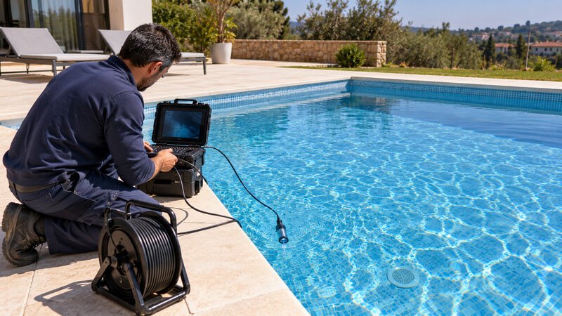 Piscina com água e equipamento de inspeção preparado para avaliar o ralo de fundo sem assumir que é necessário esvaziá-la.