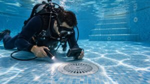 Técnico a realizar uma inspeção subaquática do ralo de fundo de uma piscina para investigar uma possível fuga de água.