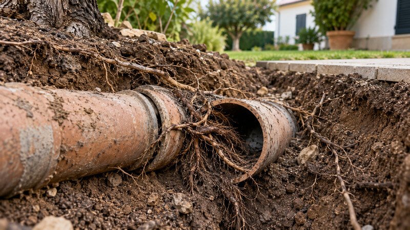 Troço de tubagem de esgoto exterior com raízes a penetrar numa zona vulnerável e a restringir o escoamento.