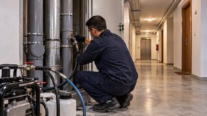 Técnico a preparar a reabilitação de tubagens num condomínio através de um acesso técnico, reduzindo a necessidade de abrir paredes nas frações.