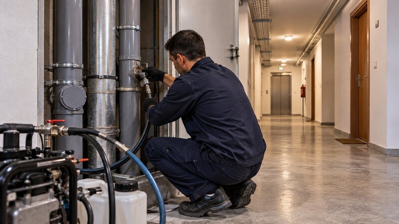 Técnico a preparar a reabilitação de tubagens num condomínio através de um acesso técnico, reduzindo a necessidade de abrir paredes nas frações.