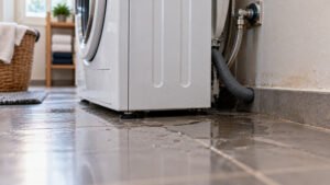 Pequena quantidade de água e marcas de humidade no pavimento junto à base de uma máquina de lavar roupa.