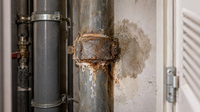 Sinais de humidade e corrosão junto a uma prumada de canalização num edifício residencial que podem justificar uma avaliação técnica.