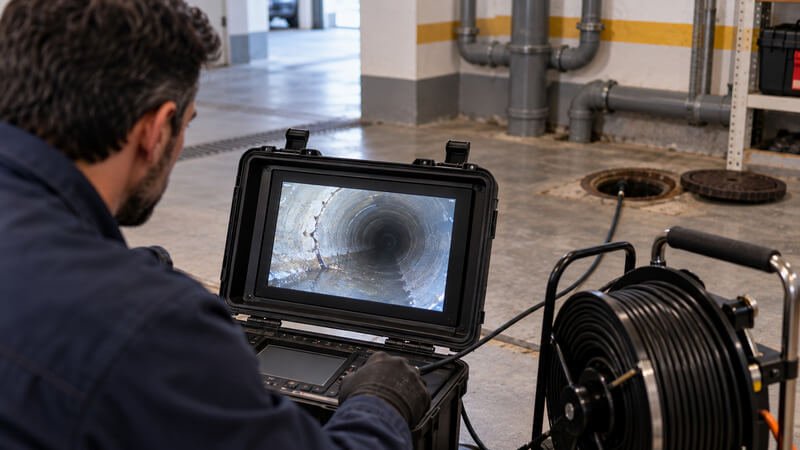 Técnico a realizar uma inspeção vídeo CCTV para investigar uma anomalia numa tubagem de esgoto.