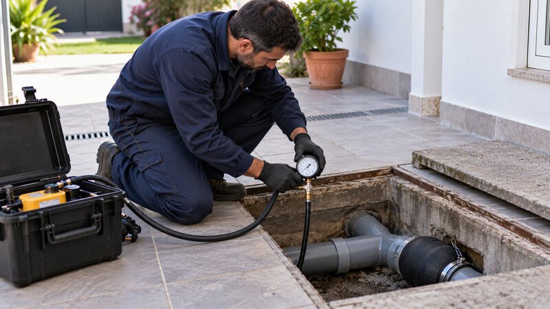 Técnico a realizar um teste de estanquidade numa tubagem de esgoto através de uma caixa de inspeção.