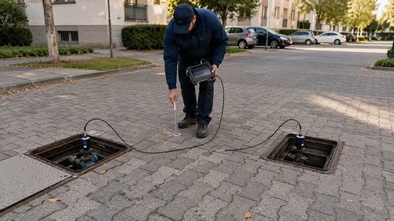 Técnico a analisar os resultados de uma correlação acústica numa tubagem enterrada sem necessidade de abrir extensivamente o pavimento.