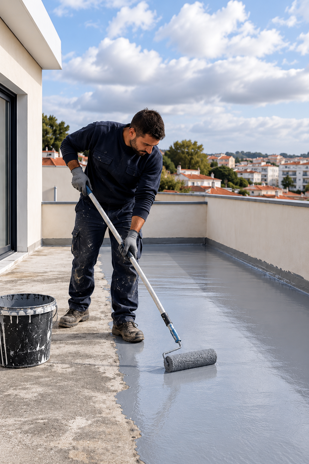 Técnico a aplicar impermeabilização líquida com rolo no pavimento de um terraço.