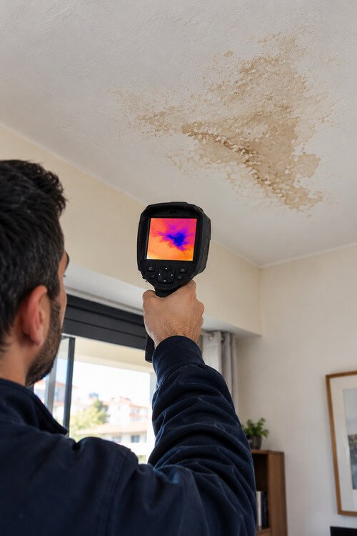 Câmara termográfica utilizada para investigar possíveis infiltrações e sinais de humidade no teto de uma habitação.