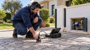 Técnico a utilizar equipamento acústico para investigar e delimitar uma possível fuga de água numa tubagem enterrada.