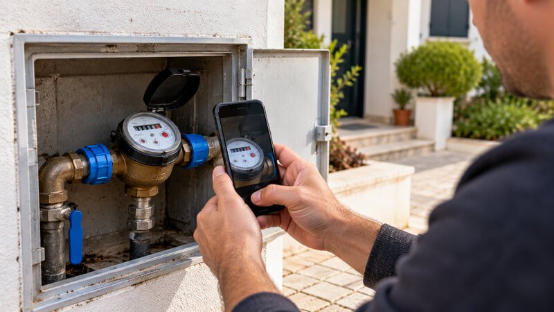 Proprietário a observar o contador de água enquanto não existem pontos de consumo em utilização na habitação.