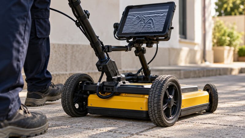 Vista próxima de um equipamento de georradar a percorrer uma superfície pavimentada, com antena junto ao solo e monitor de recolha de dados.